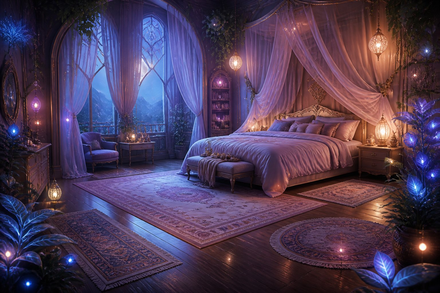 Une chambre avec un grand lit à baldaquin, plusieurs tapis de différentes tailles au sol, des plantes lumineuses et une lumière douce filtrant par les fenêtres.